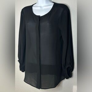 Ann Taylor LOFT Women’s Black Sheer Button Down Balloon Sleeve Blouse Size Small